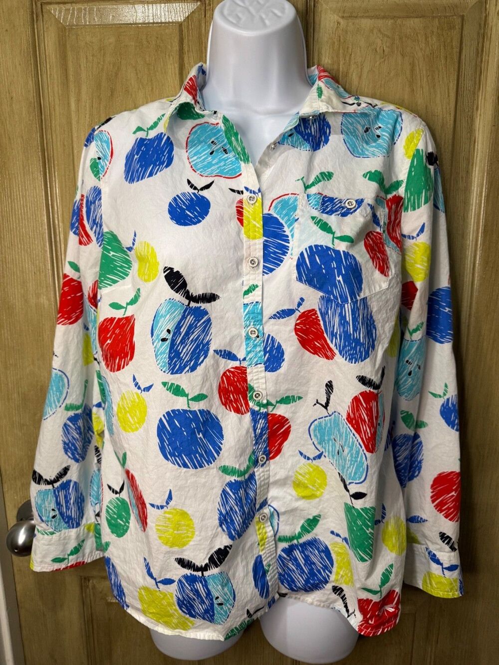 Talbots Top Womens Size Med Petite Long Sleeve Button Apple Teacher School